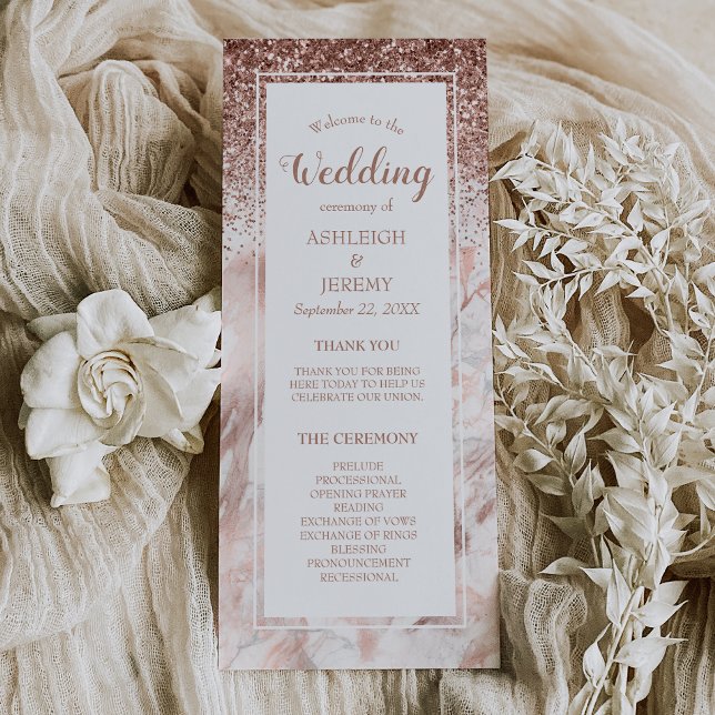 Rose Gold Faux Glitter Marble Script Wedding Programme (Creator Uploaded)