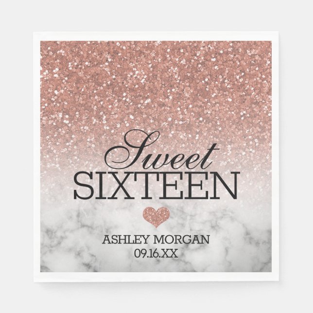 Rose Gold Faux Glitter/Marble Sweet 16 Napkin (Front)