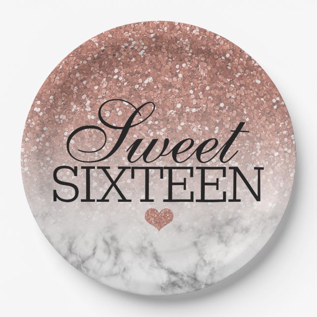 Rose Gold Faux Glitter/Marble Sweet 16 Paper Plate (Front)
