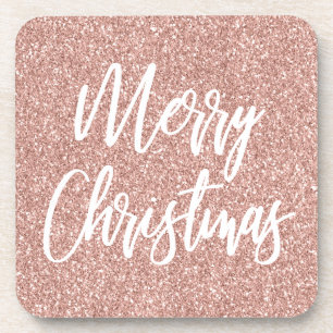 Rose Gold Faux Glitter Merry Christmas Calligraphy Coaster