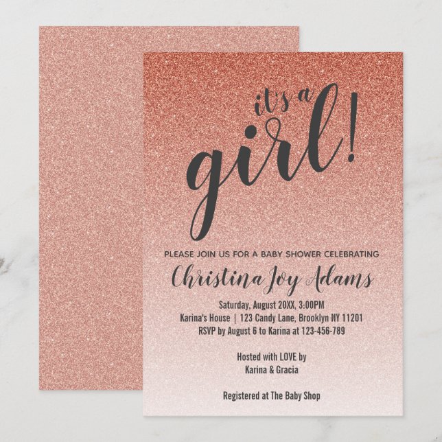 Rose Gold Faux Glitter Ombre Girl Baby Shower Card (Front/Back)