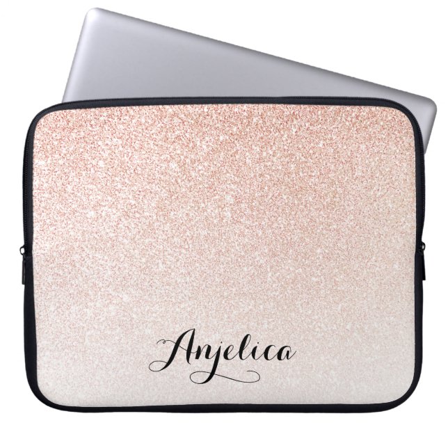 Rose Gold Faux Glitter Ombre Name Personalised Laptop Sleeve (Front)