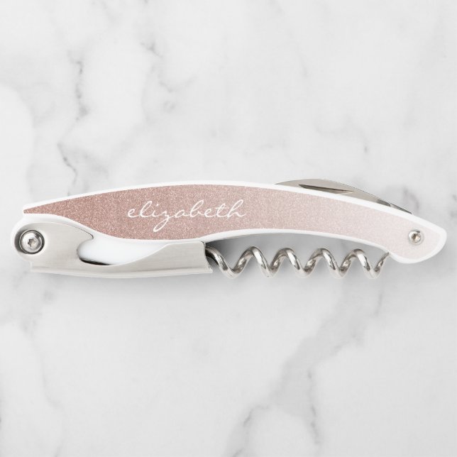 Rose Gold Faux Glitter Ombre Personalised Script Corkscrew (Front)