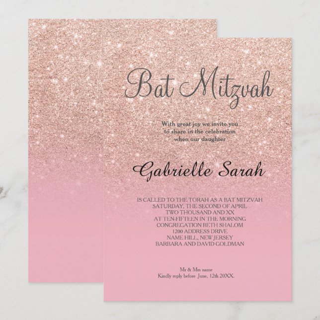 Rose gold faux glitter pale pink Bat Mitzvah Invitation (Front/Back)