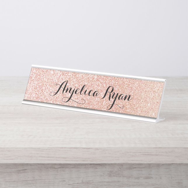 Rose Gold Faux Glitter Personalised Script Name Desk Name Plate (Front)