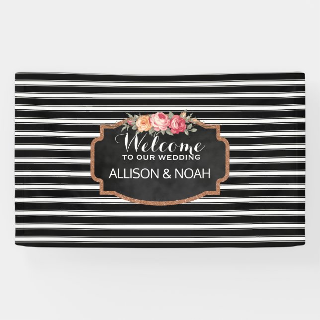 Rose Gold Faux Glitter Pink Floral Stripes Wedding Banner (Horizontal)
