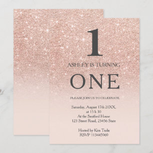 Rose gold faux glitter pink ombre 1st birthday invitation