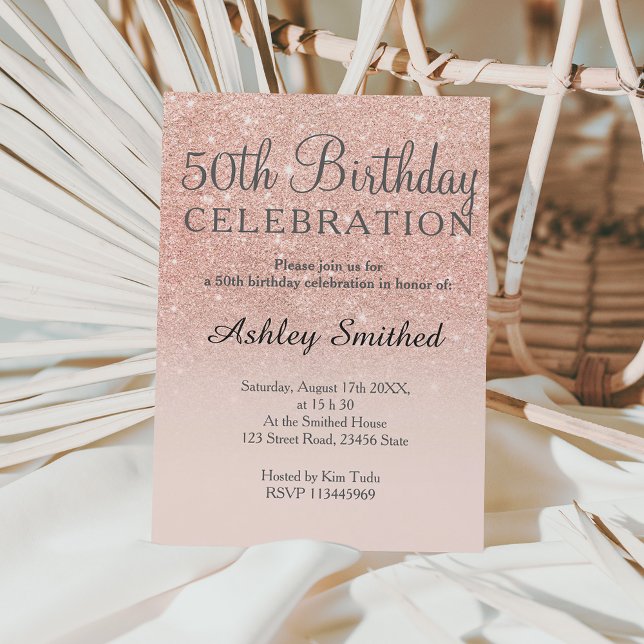 Rose gold faux glitter pink ombre 50th birthday invitation (Creator Uploaded)