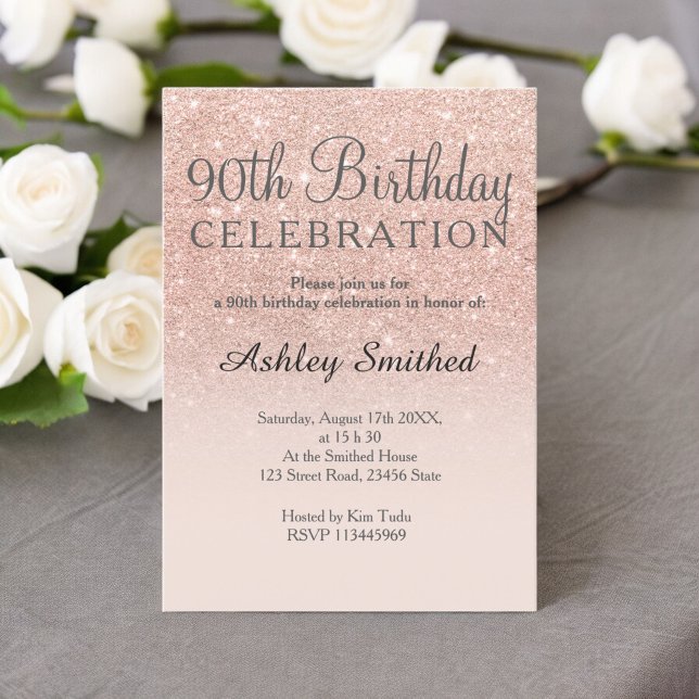 Rose gold faux glitter pink ombre 90th birthday invitation (Rose gold faux glitter pink ombre 90th birthday invitation)