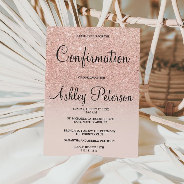 Rose gold faux glitter pink ombre confirmation invitation (Creator Uploaded)