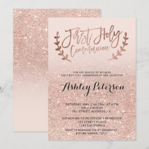Rose gold faux glitter pink ombre first communion invitation