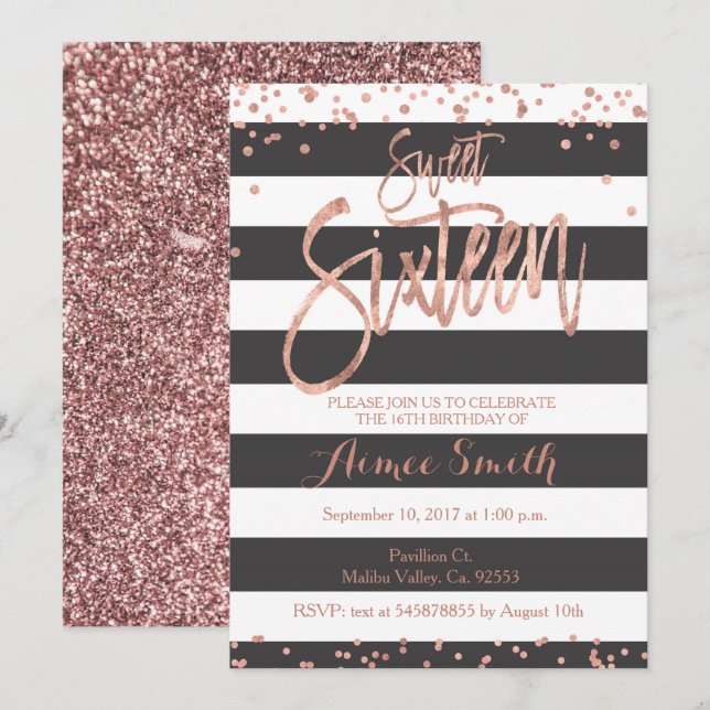 Rose gold faux glitter pink ombre girl sweet 16 invitation (Front/Back)