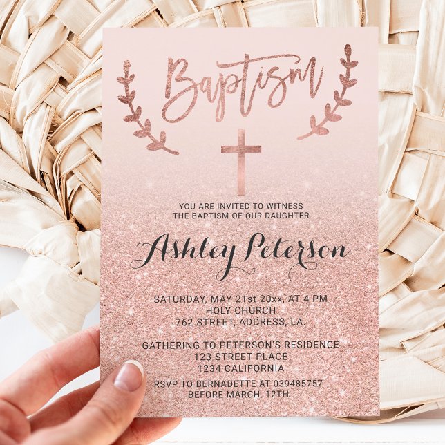 Rose gold faux glitter pink ombre girly  baptism invitation (Creator Uploaded)