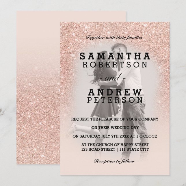 Rose gold faux glitter pink ombre photo wedding invitation (Front/Back)