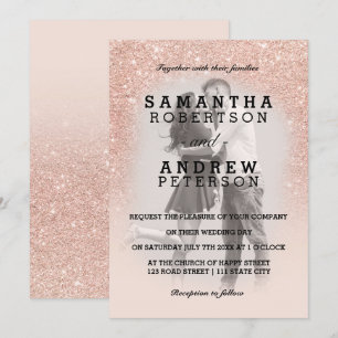 Rose gold faux glitter pink ombre photo wedding invitation