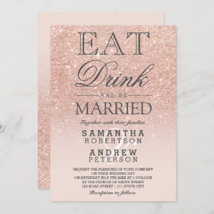 Rose gold faux glitter pink ombre script wedding invitation