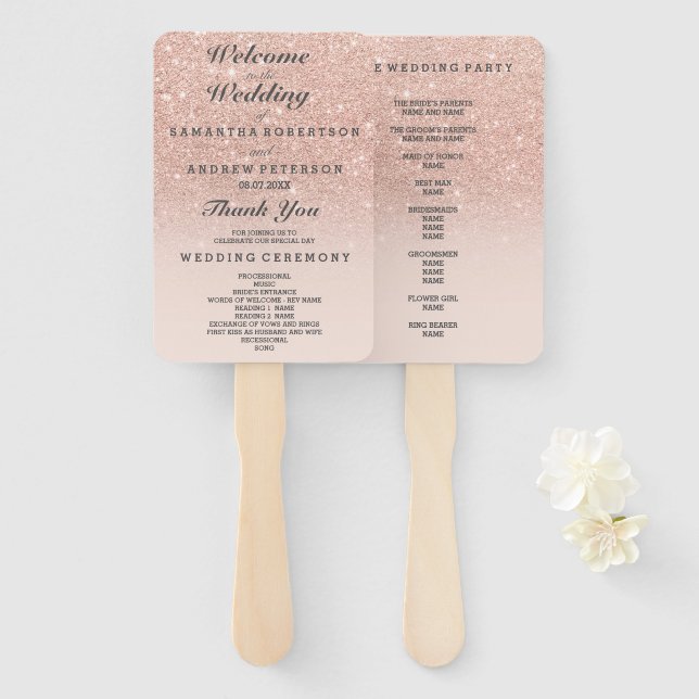 Rose gold faux glitter pink ombre wedding program hand fan (Front and Back)