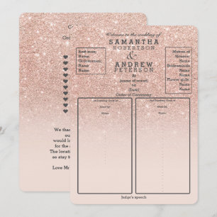 Rose gold faux glitter pink ombre wedding program invitation