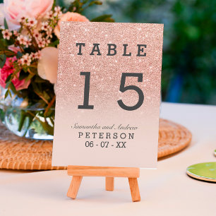 Rose gold faux glitter pink ombre wedding table number