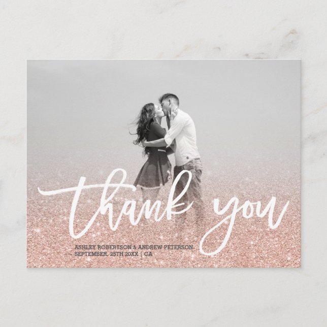 Rose gold faux glitter pink photo thank you postcard (Front)