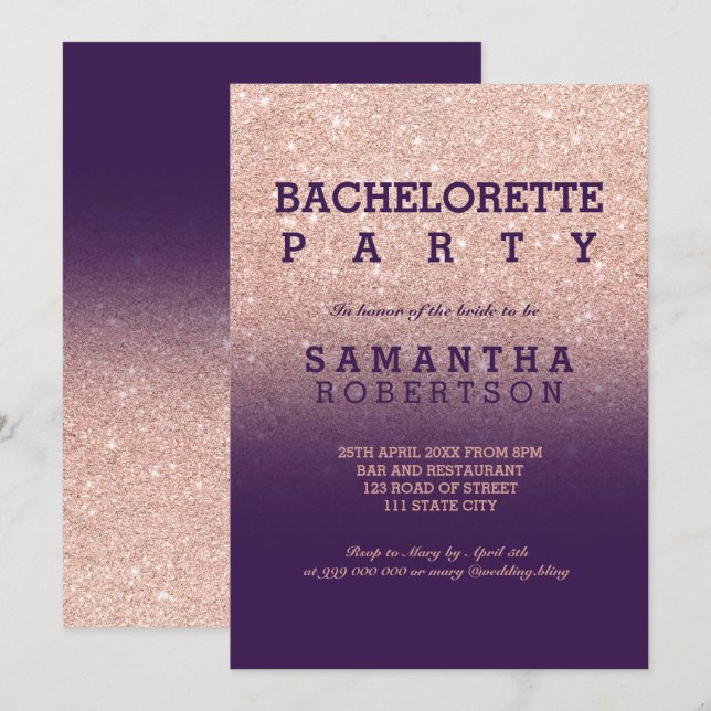 Rose gold faux glitter purple bachelorette party invitation (Front/Back)