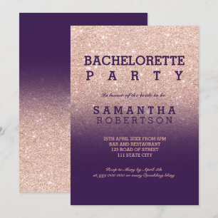 Rose gold faux glitter purple bachelorette party invitation
