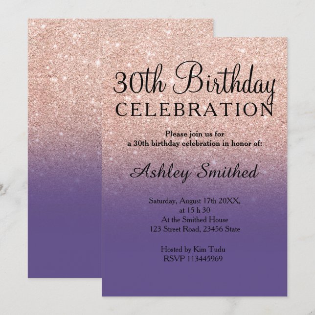 Rose gold faux glitter purple ombre 30th birthday invitation (Front/Back)