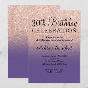 Rose gold faux glitter purple ombre 30th birthday invitation