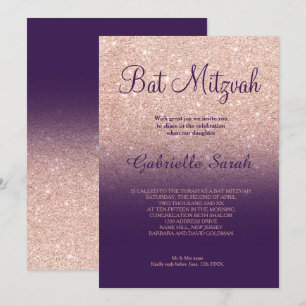 Rose gold faux glitter purple ombre Bat Mitzvah Invitation