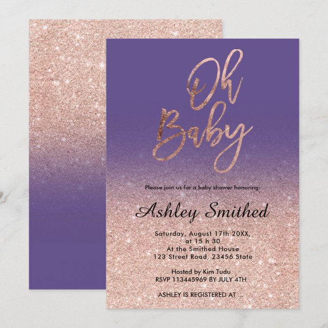 Rose gold faux glitter purple ombre Oh baby shower Invitation (Front/Back)