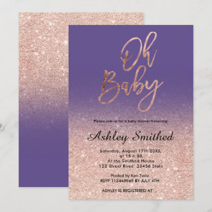 Rose gold faux glitter purple ombre Oh baby shower Invitation