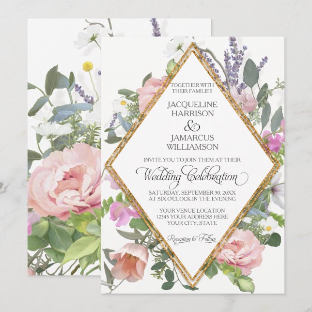 Rose Gold Faux Glitter Romantic Painted Floral Art Invitation (Front/Back)