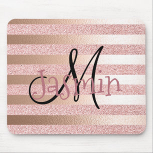 Rose Gold Faux Glitter& Rose Gold Foil Stripes Mouse Mat