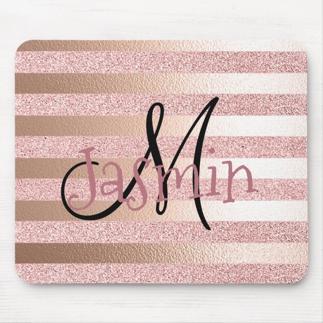 Rose Gold Faux Glitter& Rose Gold Foil Stripes Mouse Mat (Front)