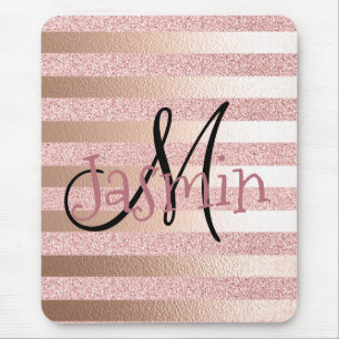 Rose Gold Faux Glitter& Rose Gold Foil Stripes Mouse Mat