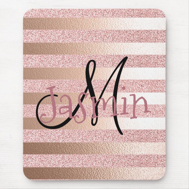Rose Gold Faux Glitter& Rose Gold Foil Stripes Mouse Mat (Front)