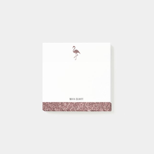 Rose Gold Faux Glitter w/ White, Flamingo & Border Post-it Notes (Front)