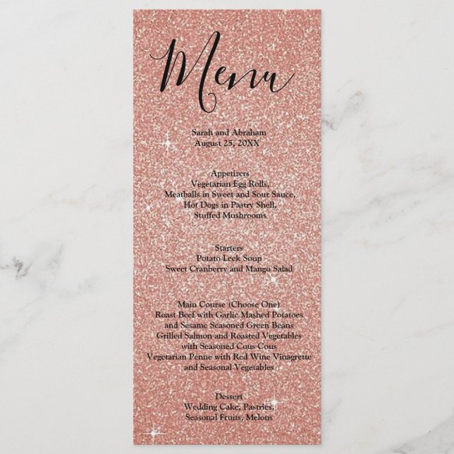 Rose Gold Faux Glitter Wedding Menu Menus (Front)