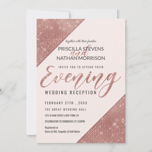 Rose Gold Faux Sparkling Glitter Sequin Evening Invitation (Front)