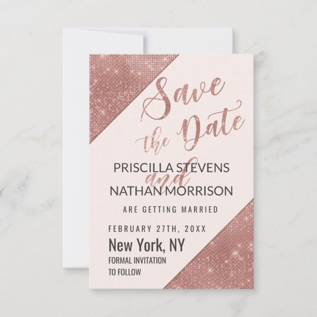 Rose Gold Faux Sparkling Glitter Sequin Save Date Save The Date (Front)