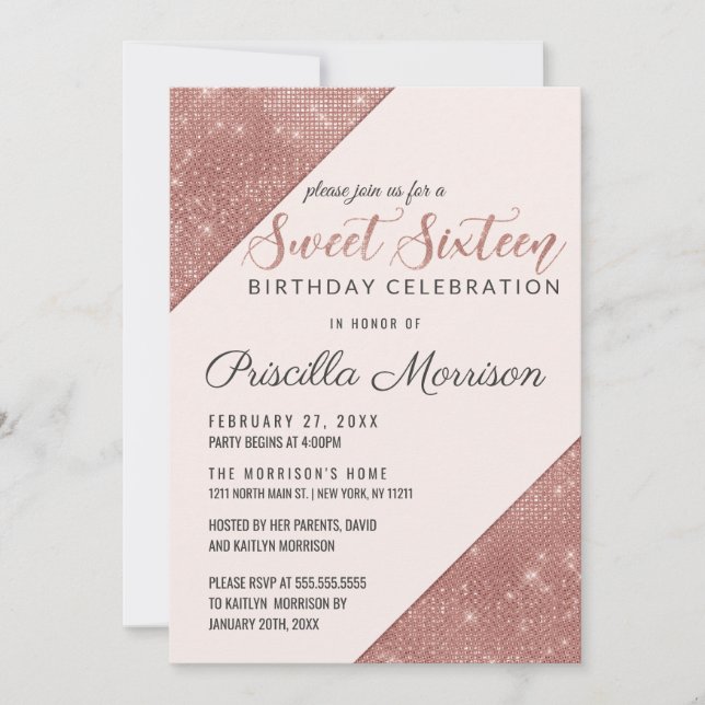Rose Gold Faux Sparkling Glitter Sequin Sweet 16 Invitation (Front)