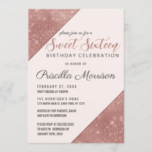 Rose Gold Faux Sparkling Glitter Sequin Sweet 16 Invitation