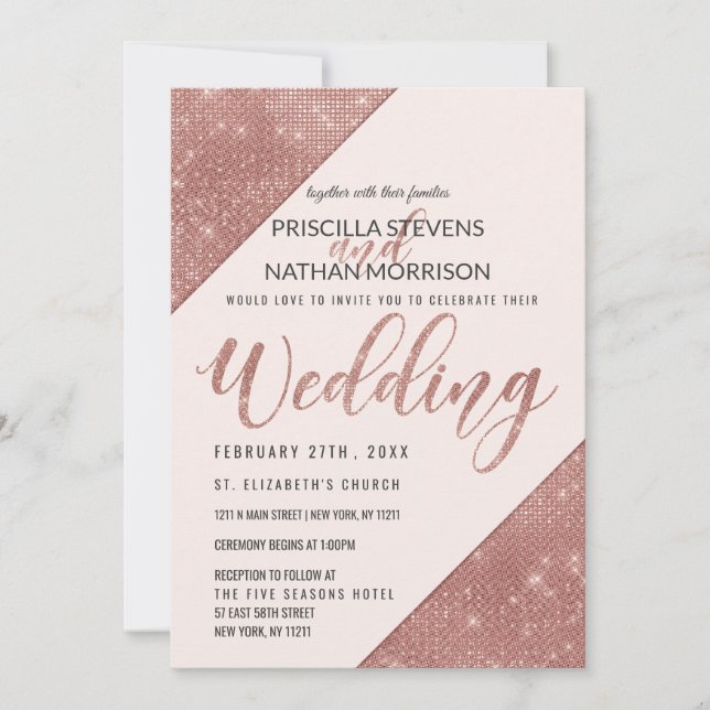 Rose Gold Faux Sparkling Glitter Sequin Wedding Invitation (Front)
