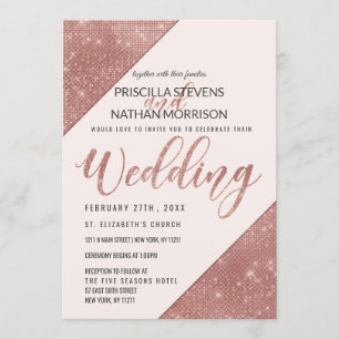 Rose Gold Faux Sparkling Glitter Sequin Wedding Invitation