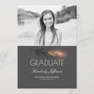 Rose Gold Feather Glitter Photo Graduation Party Invitation