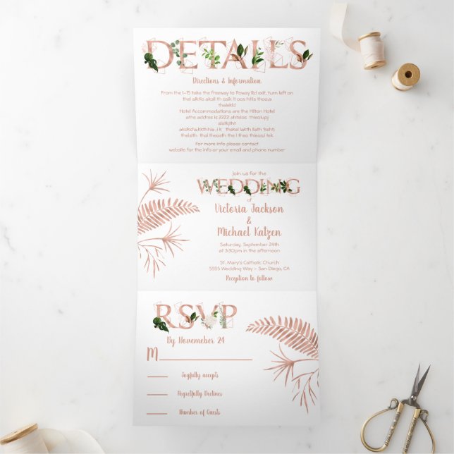 Rose Gold Ferns Wedding Tri-fold Invitation (Inside)