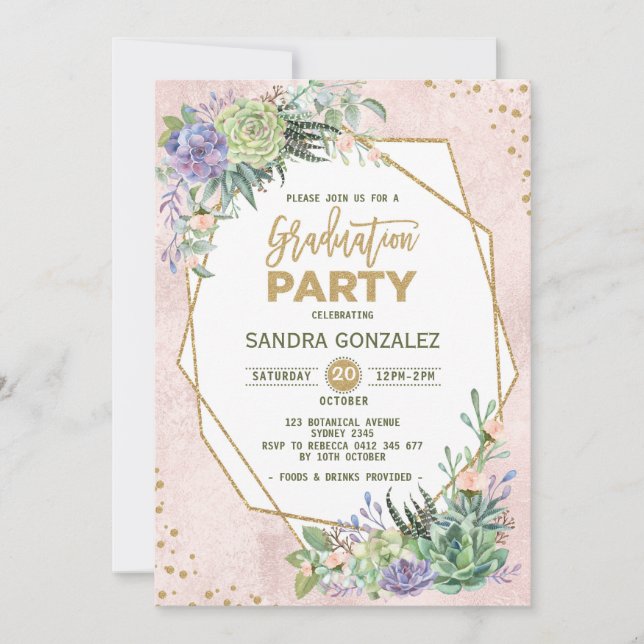 Rose Gold Fiesta Graduation Invite Geometric Frame (Front)