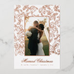 Rose Gold Fine Filigree Married Christmas Foil Holiday Card<br><div class="desc">Send merry wishes of the season and share your happy news with family and friends on this wedding themed Christmas card. Swap the phot for your best shot from the big day and edit the name and date on the front, plus personalise the long message on the back with your...</div>
