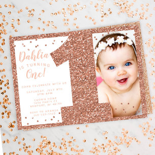 Rose Gold First Birthday Invitation, Faux Glitter Invitation