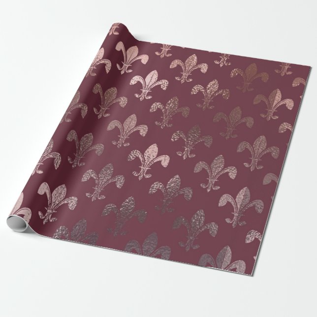 Rose Gold Fleur-de-Lis Pattern on Burgundy Wrapping Paper (Unrolled)